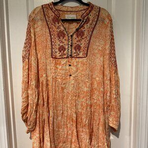 Anthropologie Orange and Red Embroidered Tunic